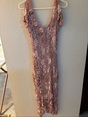 Vintage Karen Millen bohemian Crochet Floral Midi Dress in Pink and Cream 2
